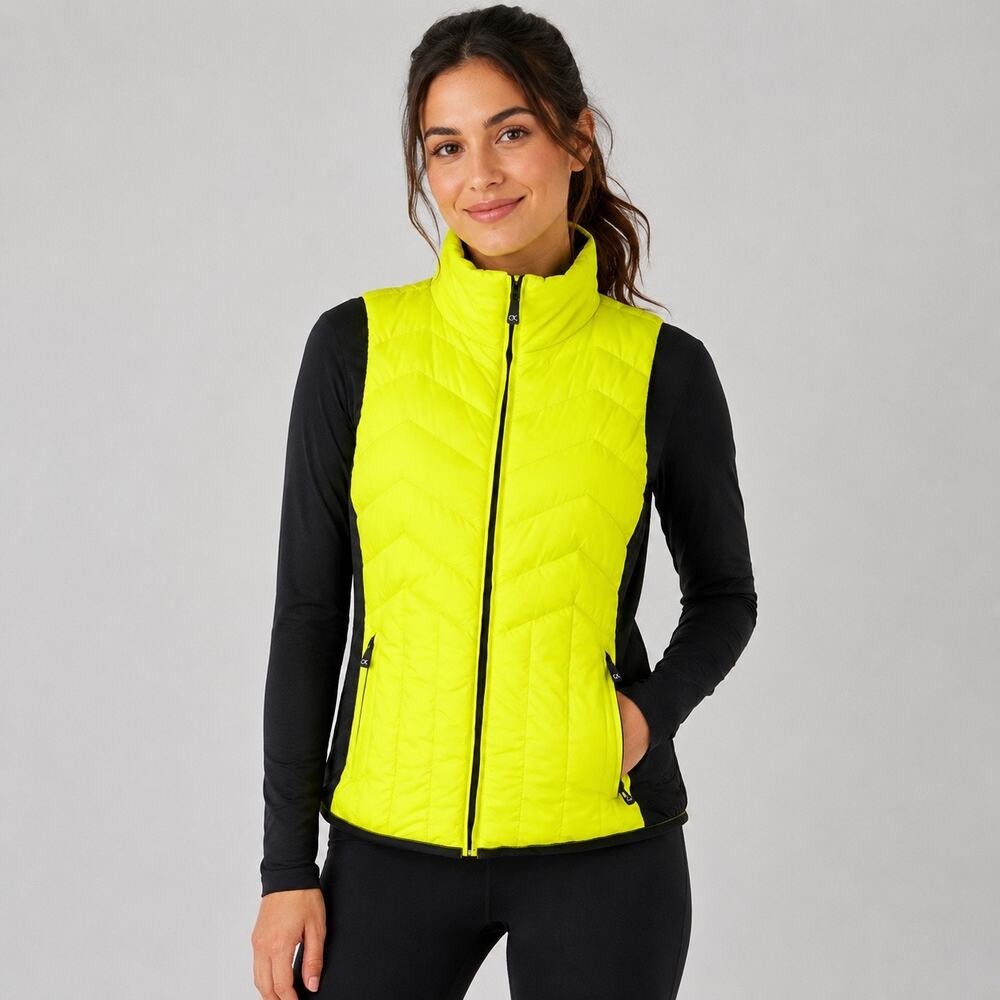 Calvin Klein Performance Vest Womens M Neon Yellow Quilted Zip Up Lightweight
